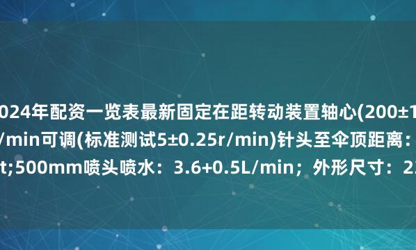 2024年配资一览表最新固定在距转动装置轴心(200±10)mm处2.00-8.00r/min可调(标准测试5±0.25r/min)针头至伞顶距离：&gt;500mm喷头喷水：3.6+0.5L/min；外形尺寸：2300*2300*2100mm发布于：上海市